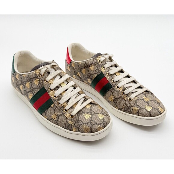 Gucci Shoes - Gucci Ace Beige GG Monogram Bee Canvas Lace Up Low Top Sneaker EU 39 US 9